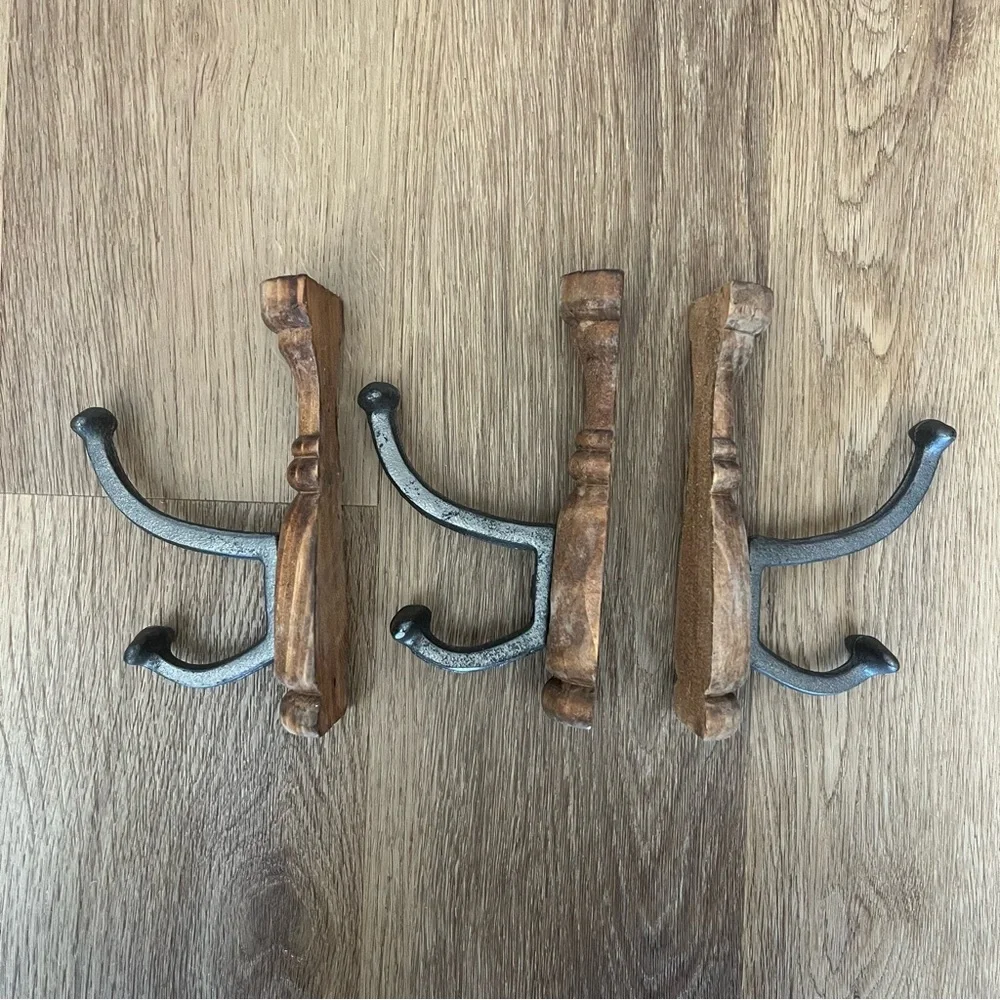 Iron and Wood Rustic Brown Wall Hooks Set of 3 6 Inches Tall